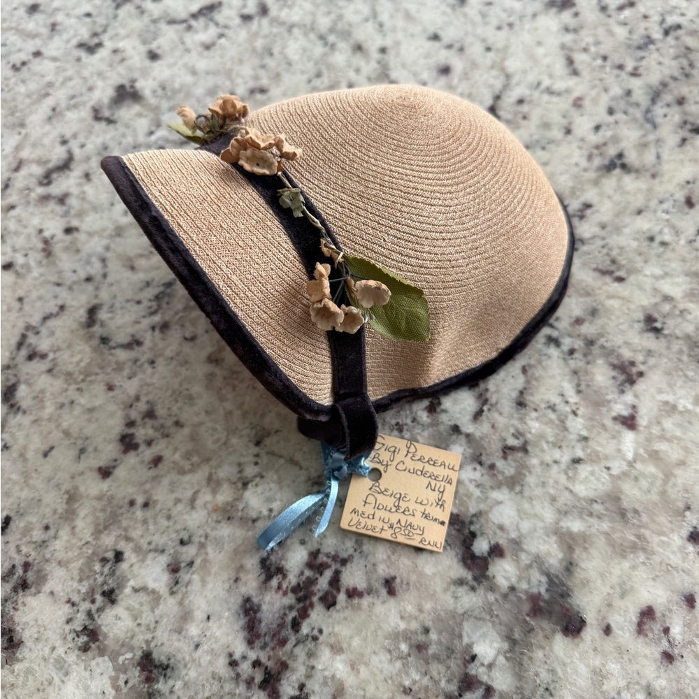 Gigi Perreau by Cinderella NY Beige Straw Sunbonnet with Navy Velvet Trim